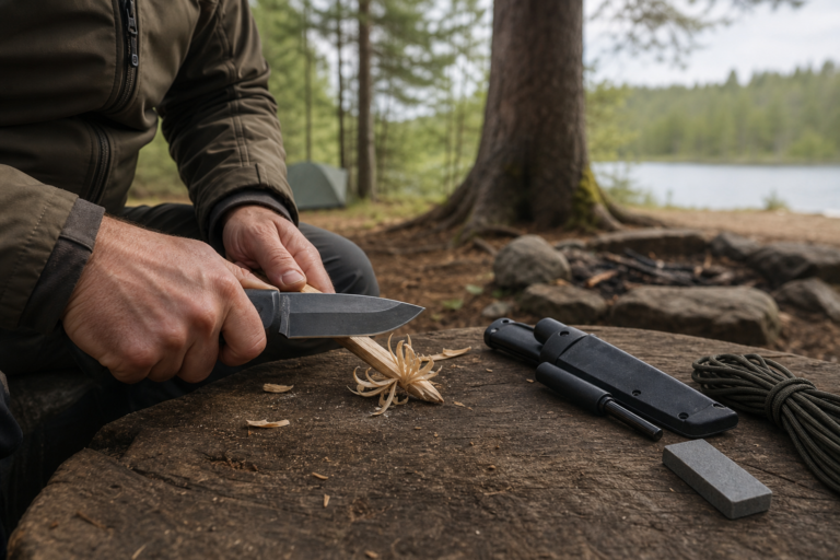 Survival-Messer mit Feuerstahl und Schärfer beim sicheren Vorbereiten von Zunder