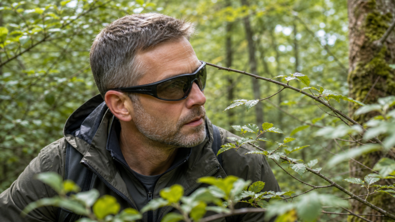 Outdoor-Wanderer mit schwarzer Schutzbrille im dichten Unterholz