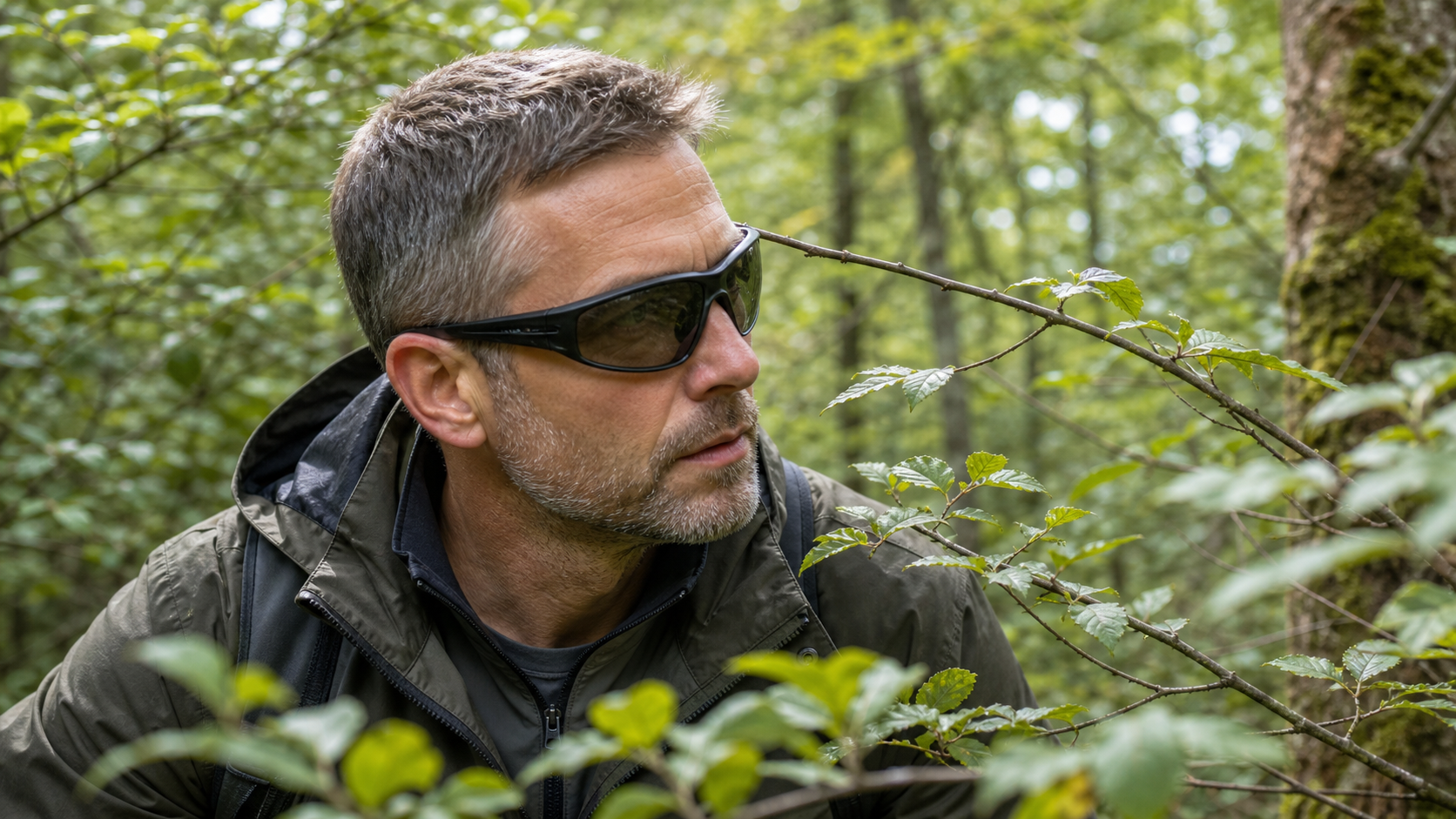 Outdoor-Wanderer mit schwarzer Schutzbrille im dichten Unterholz
