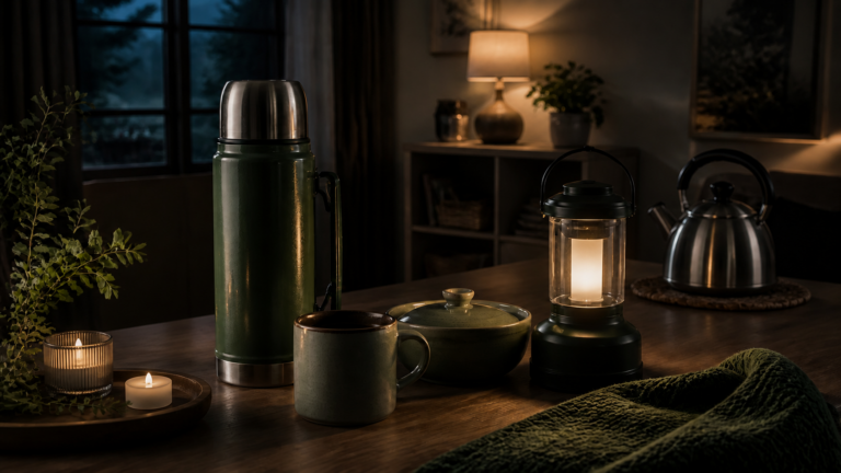 Grüne Thermosflasche, Tasse und LED-Laterne bei Stromausfall