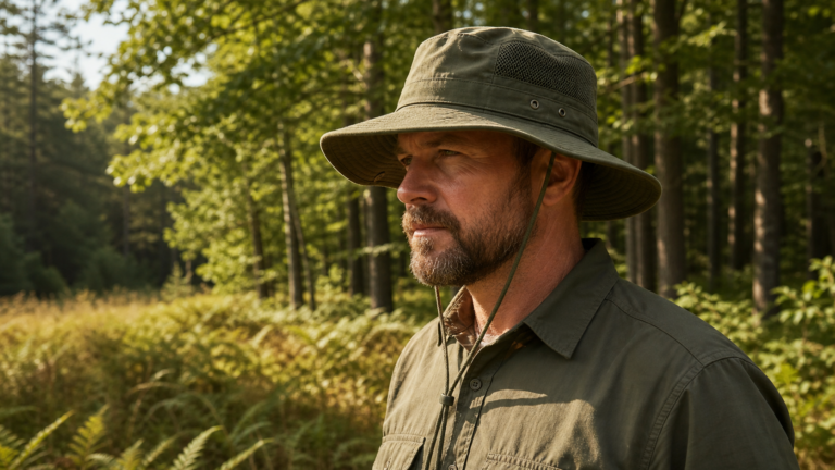 Olivgrüner Boonie Hat mit breiter Krempe im sonnigen Wald