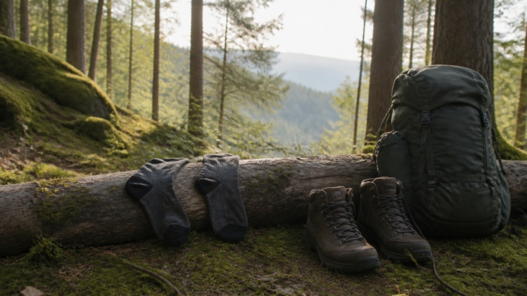 Merino-Wandersocken beim Lüften an einer Waldpause mit Rucksack und Stiefeln