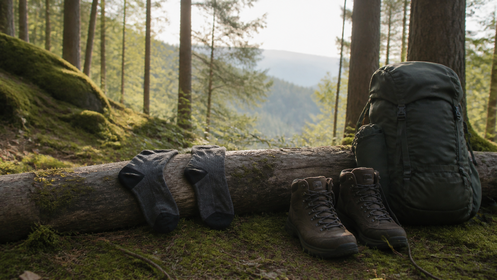 Merino-Wandersocken beim Lüften an einer Waldpause mit Rucksack und Stiefeln