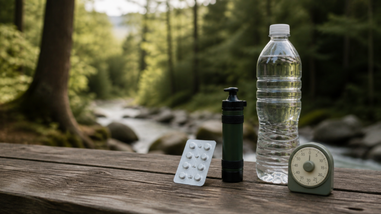 Wasseraufbereitungstabletten, Wasserfilter und Trinkflasche am Bach