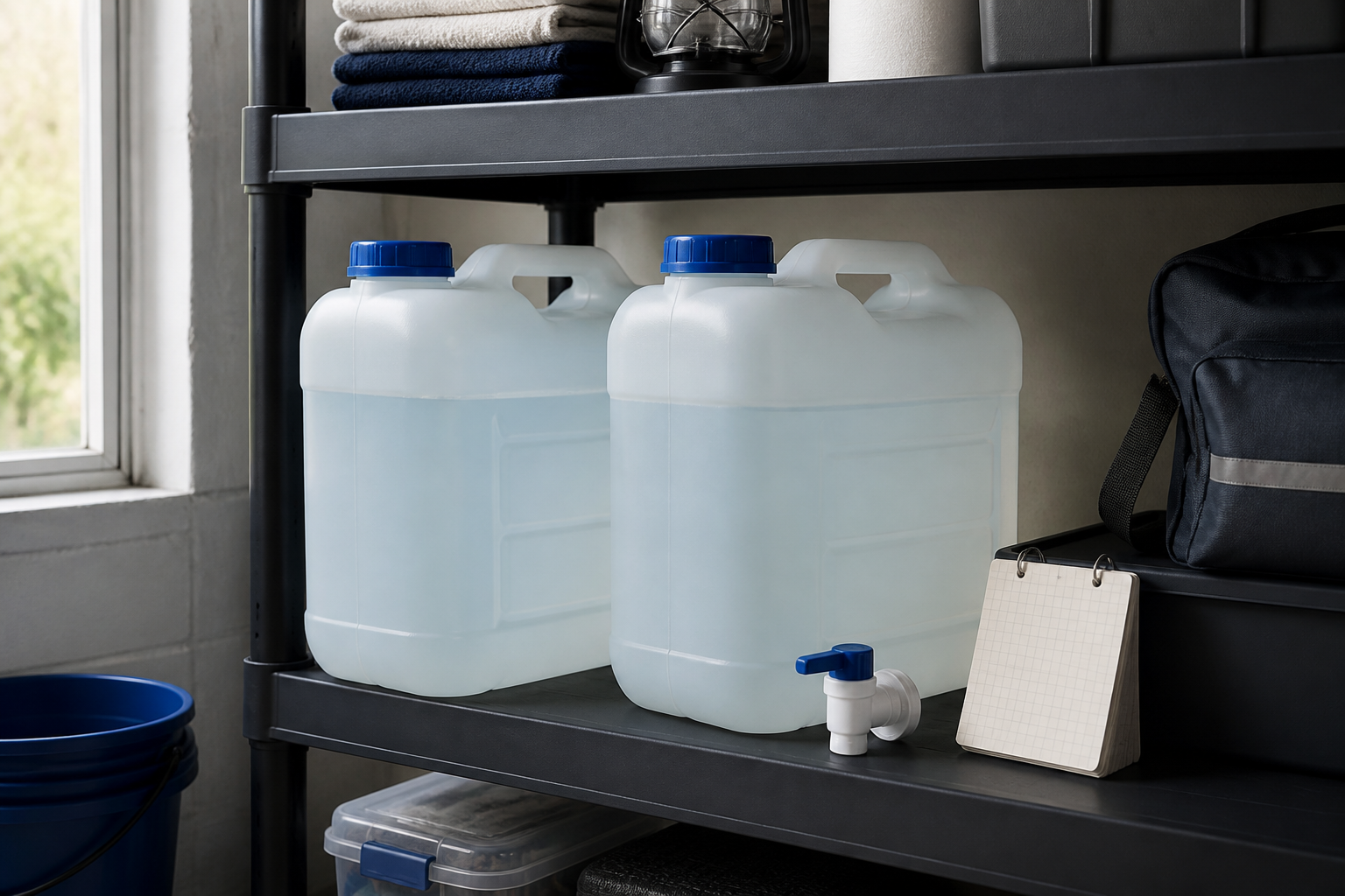 Zwei Wasserkanister für Trinkwasser und Notvorrat im Lagerregal