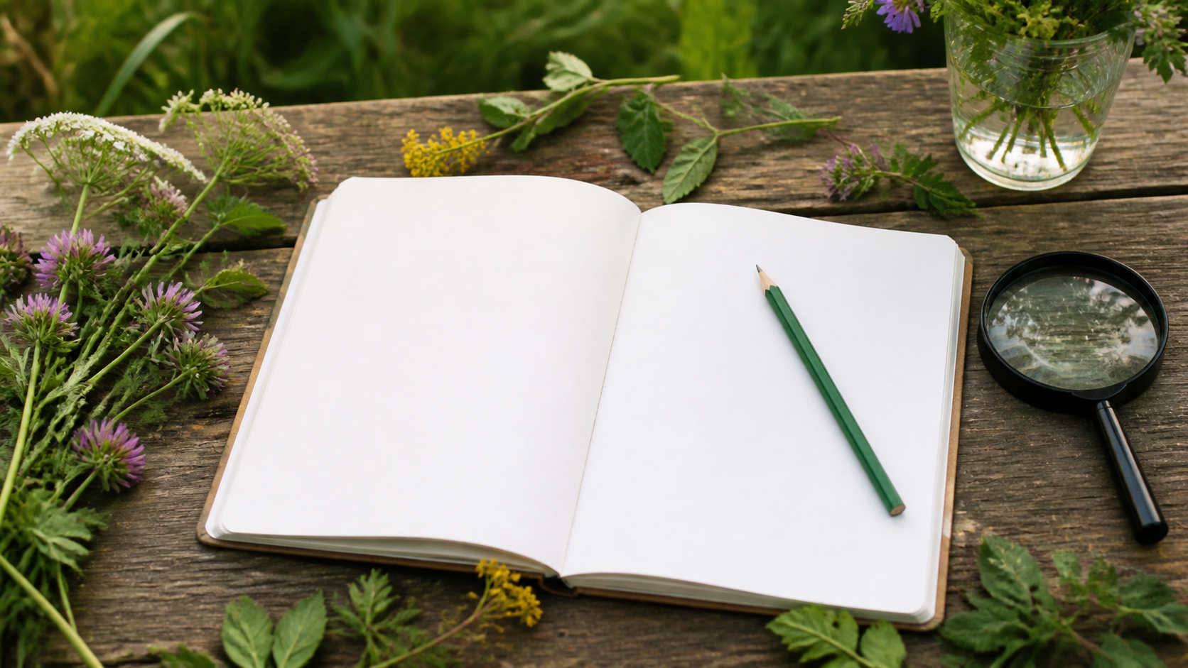 Botanisches Notizbuch mit Wiesenpflanzen und Lupe
